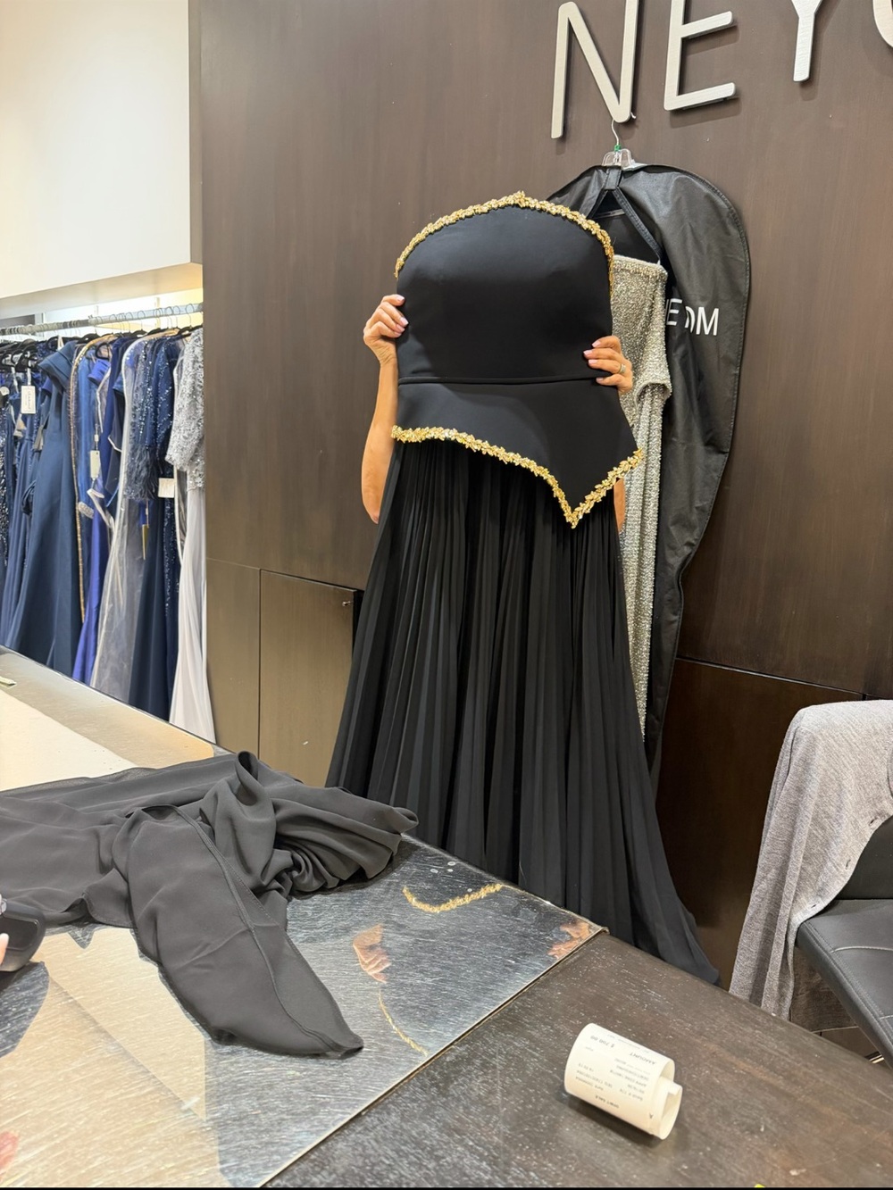 Black Pleated Maxi Skirt with Gold Trim